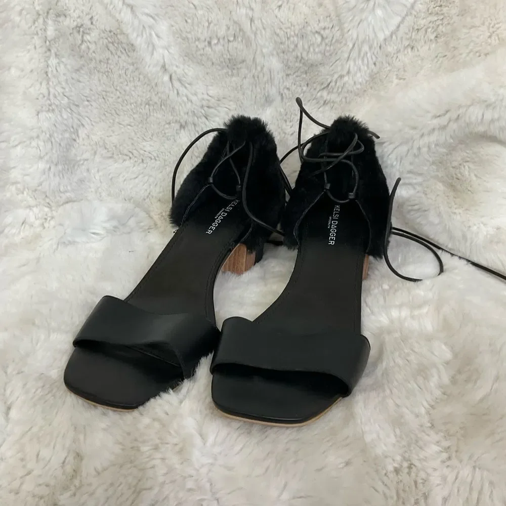 NEW Kelsi Dagger Brooklyn Black Sam Genuine Leather Faux Fur Heel Sandals 9.5